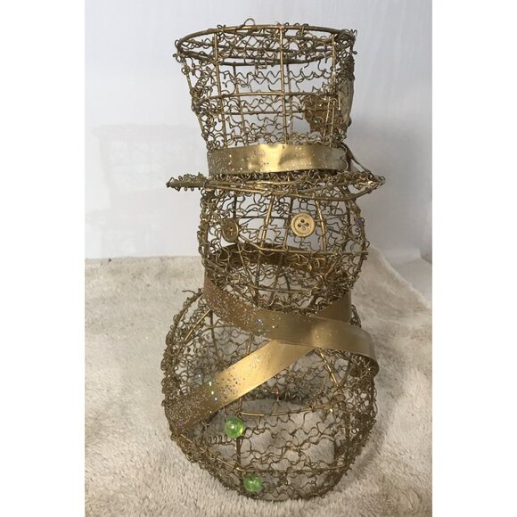 Vintage Gold Wire Glitter Snowman Sculpture Decoration 12" Tall - Picture 2 of 8
